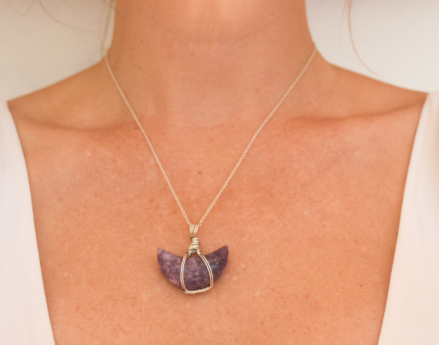 Lepidolite Crescent Moon & Sterling Silver Crystal Necklace
