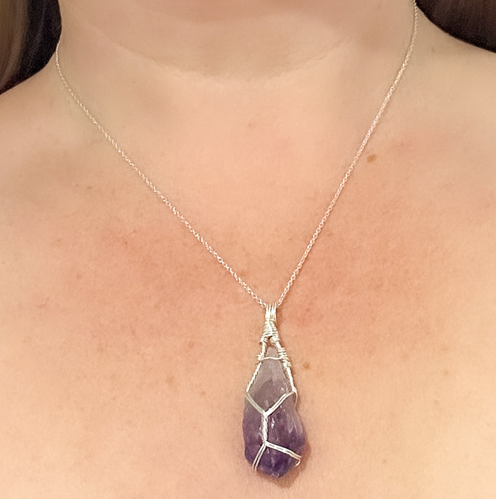 Natural Amethyst & Sterling Silver Crystal Necklace - medium pendant
