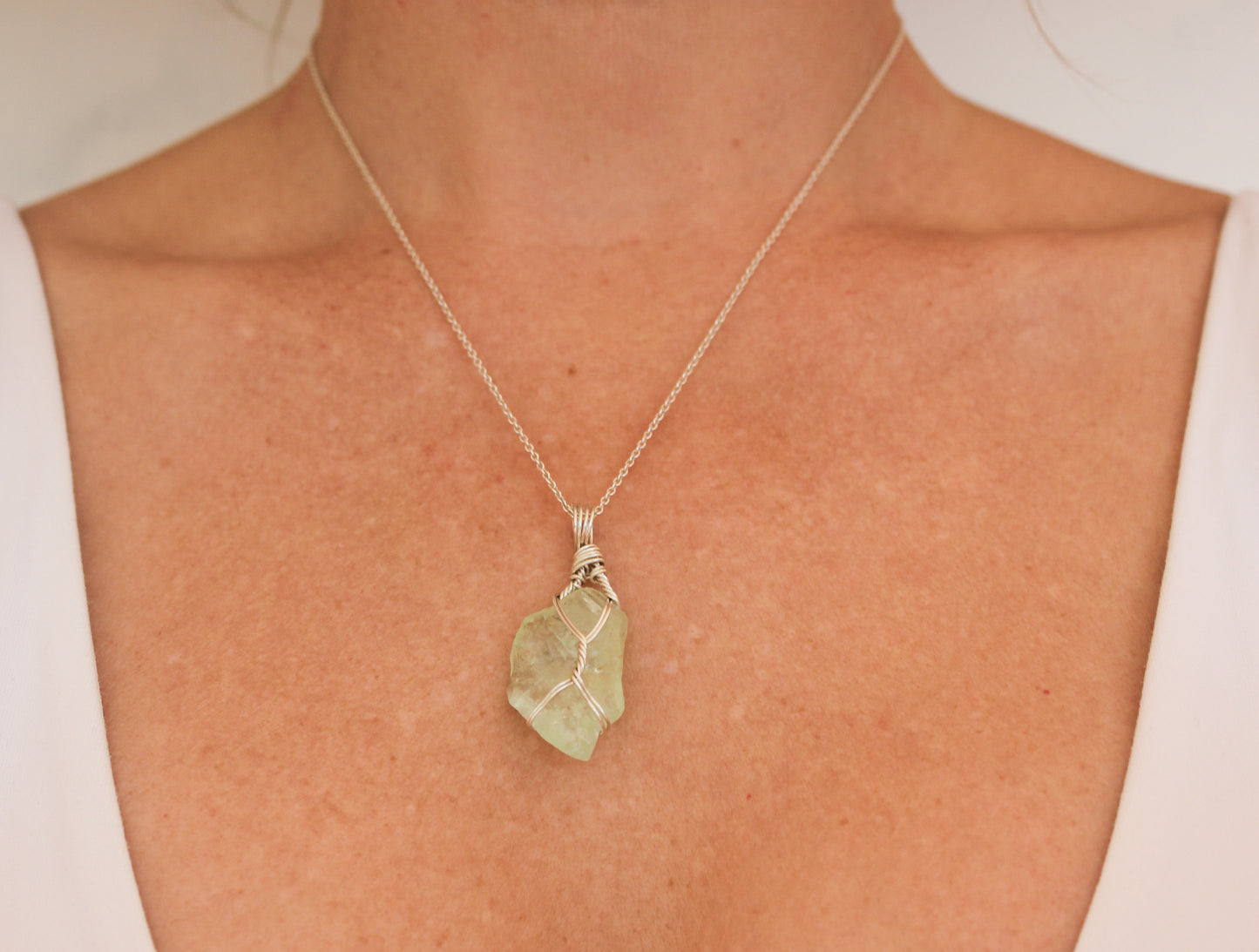 Green Calcite & Sterling Silver Crystal Necklace