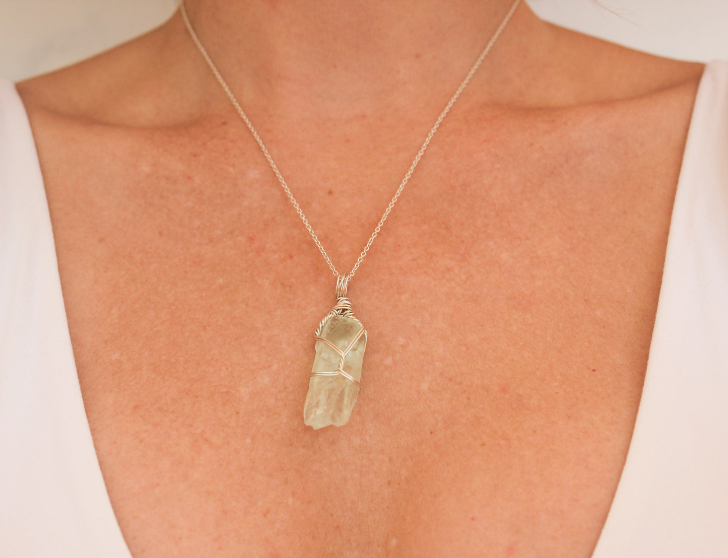 Green Calcite & Sterling Silver Crystal Necklace