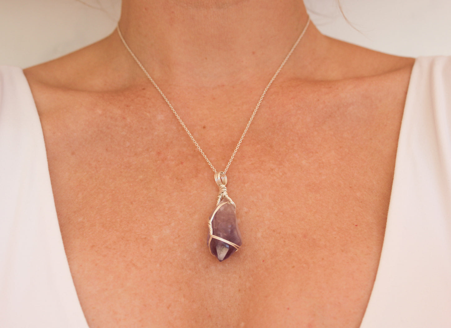Natural Amethyst & Sterling Silver Crystal Necklace - medium pendant
