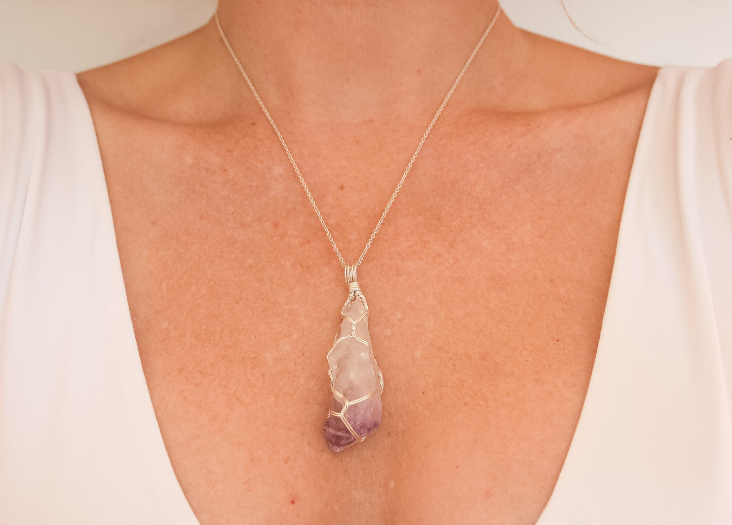 Natural Amethyst & Sterling Silver Crystal Necklace - large pendant