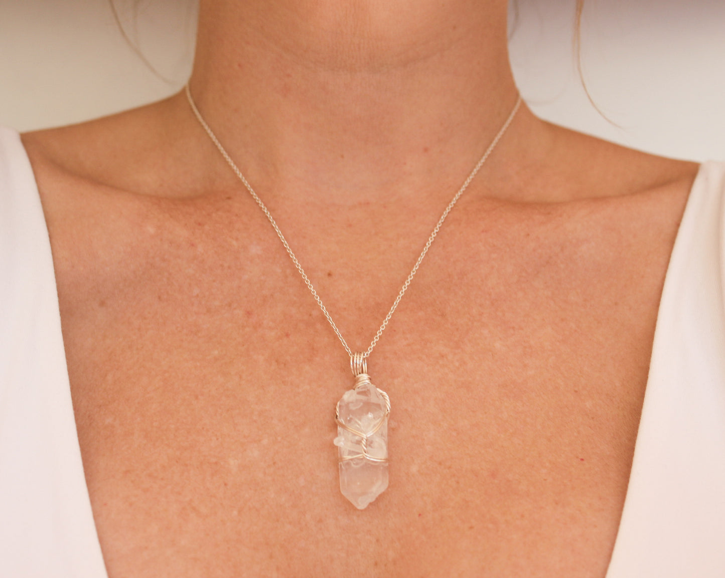 Clear Quartz & Sterling Silver Crystal Necklace - medium pendant