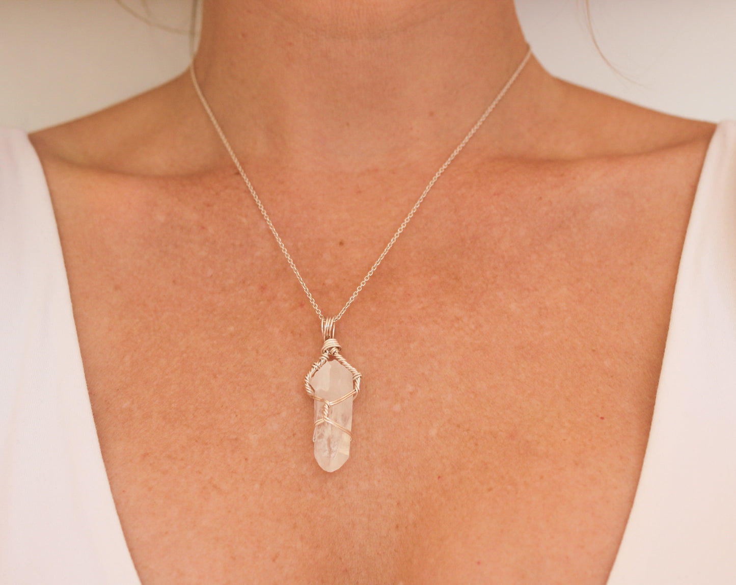Clear Quartz & Sterling Silver Crystal Necklace - medium pendant