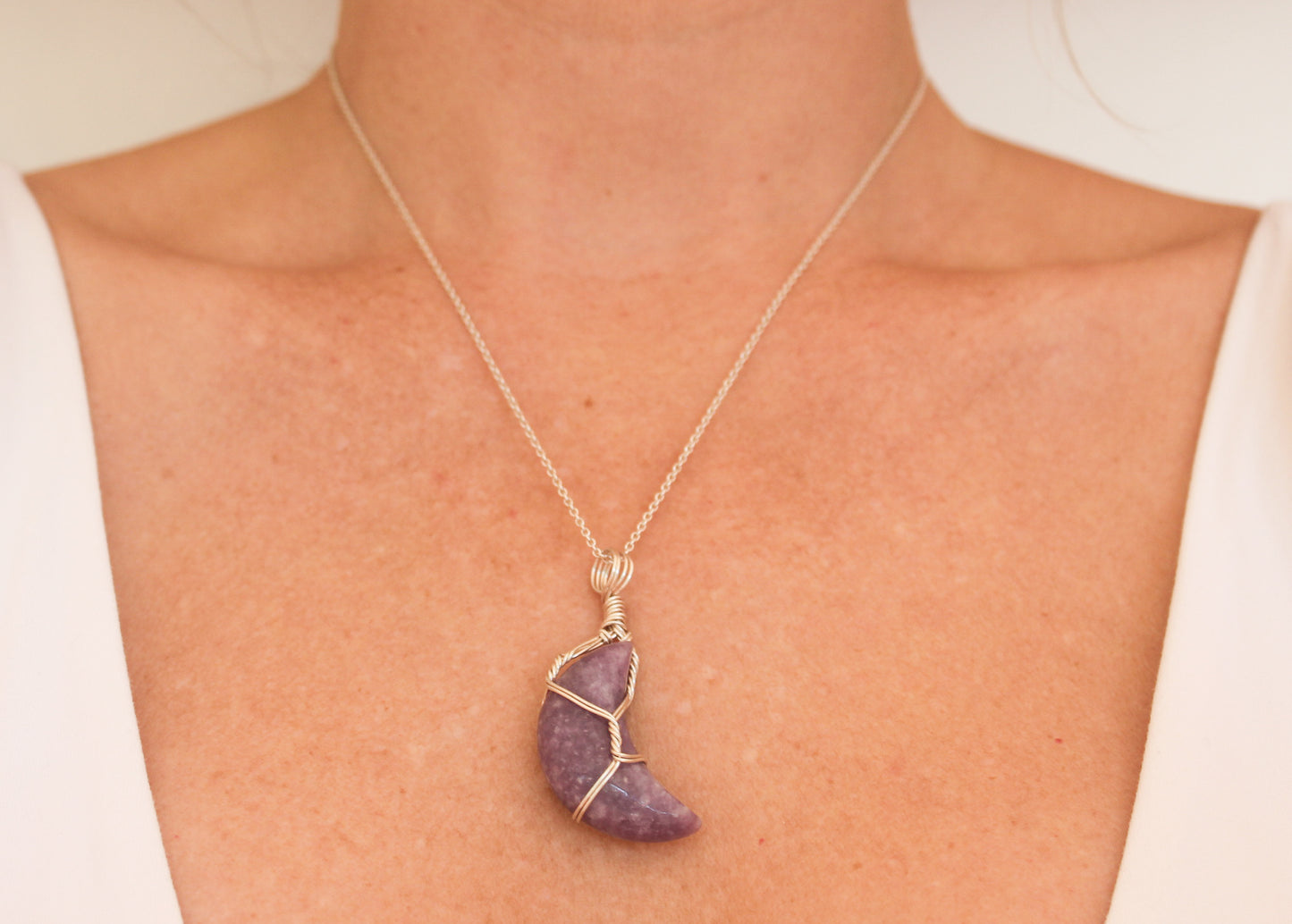 Lepidolite Crescent Moon & Sterling Silver Crystal Necklace