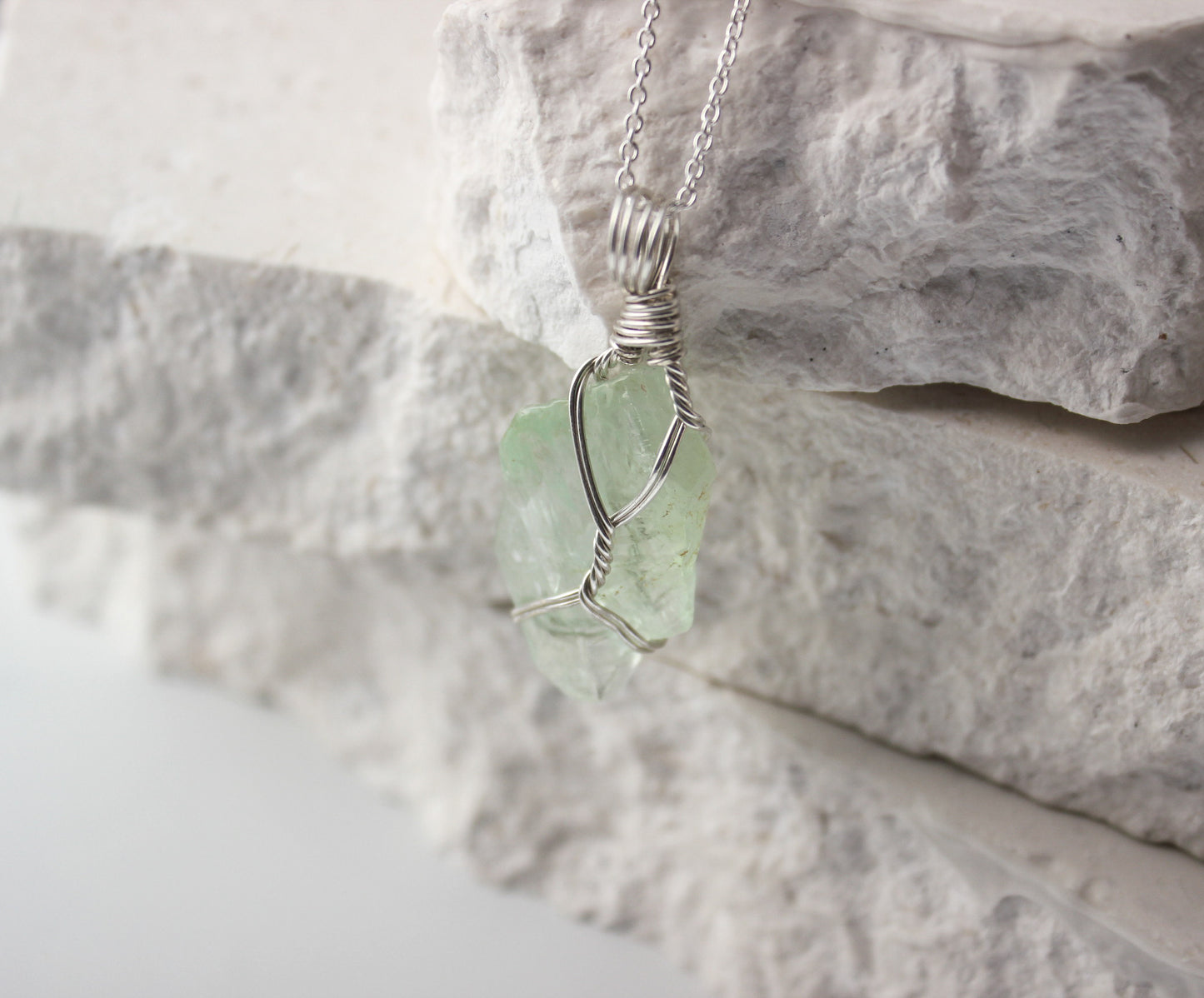 Green Calcite & Sterling Silver Crystal Necklace