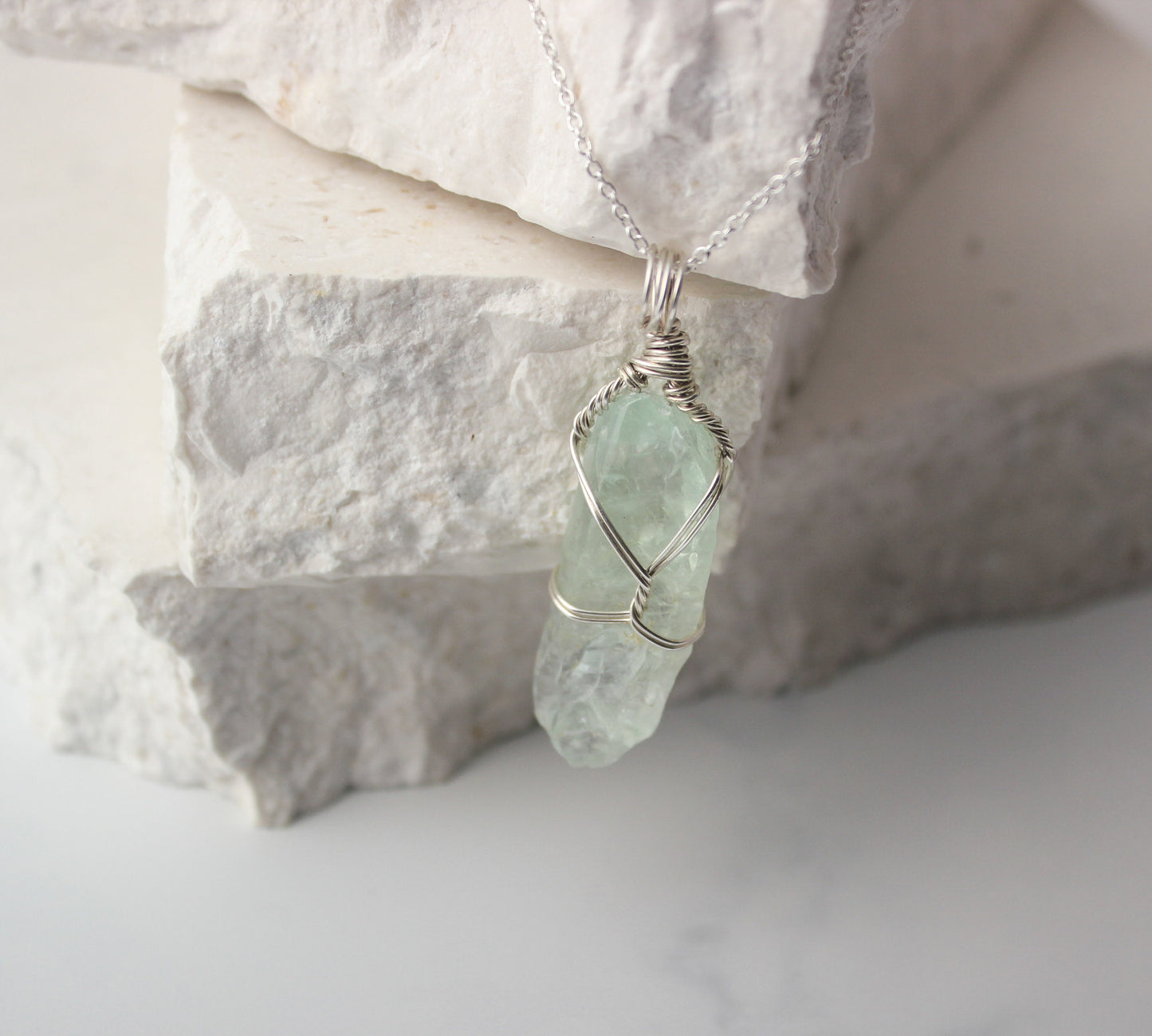 Green Calcite & Sterling Silver Crystal Necklace
