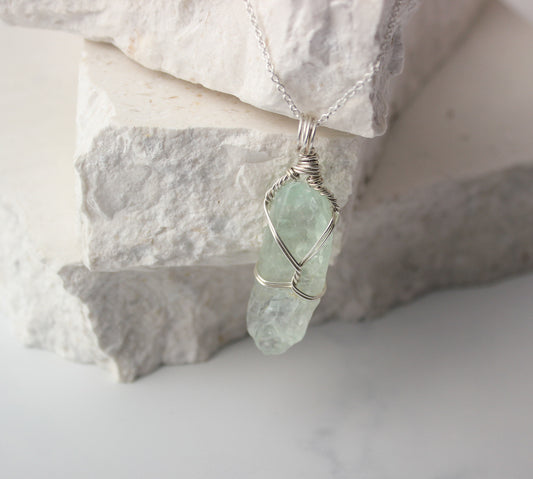 Green Calcite & Sterling Silver Crystal Necklace
