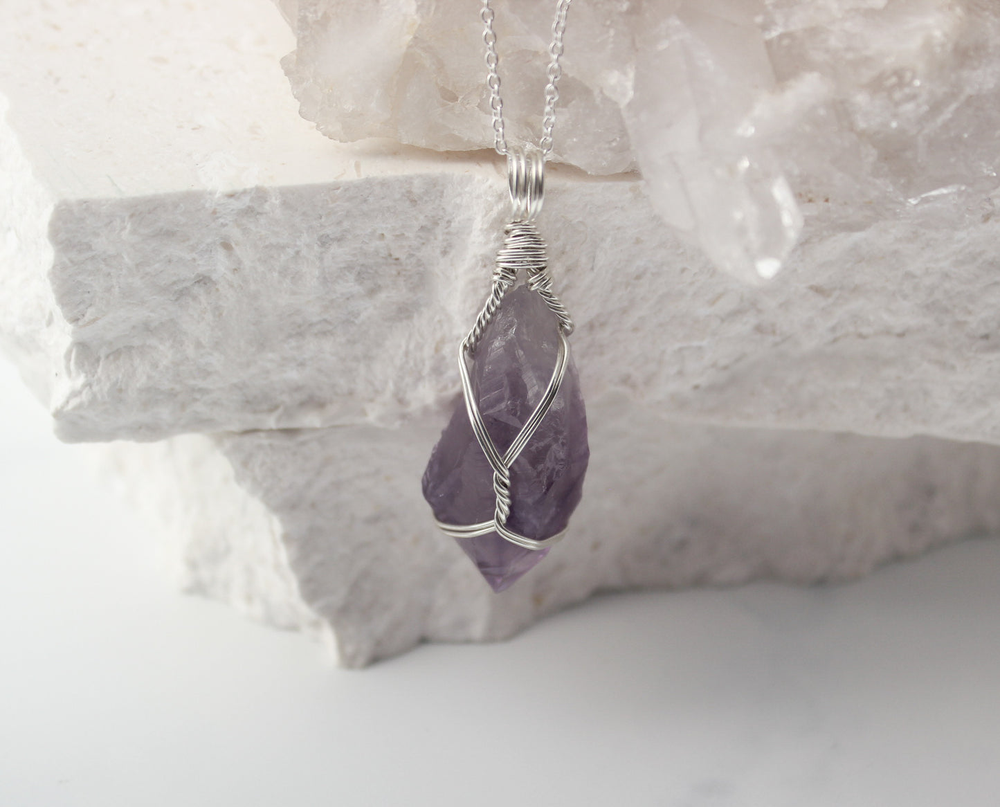 Natural Amethyst & Sterling Silver Crystal Necklace - medium pendant