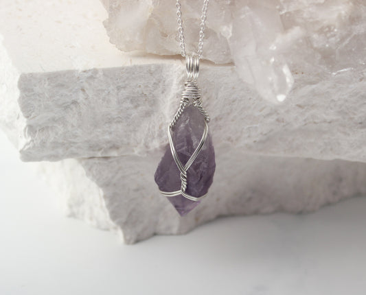 Natural Amethyst & Sterling Silver Crystal Necklace - medium pendant