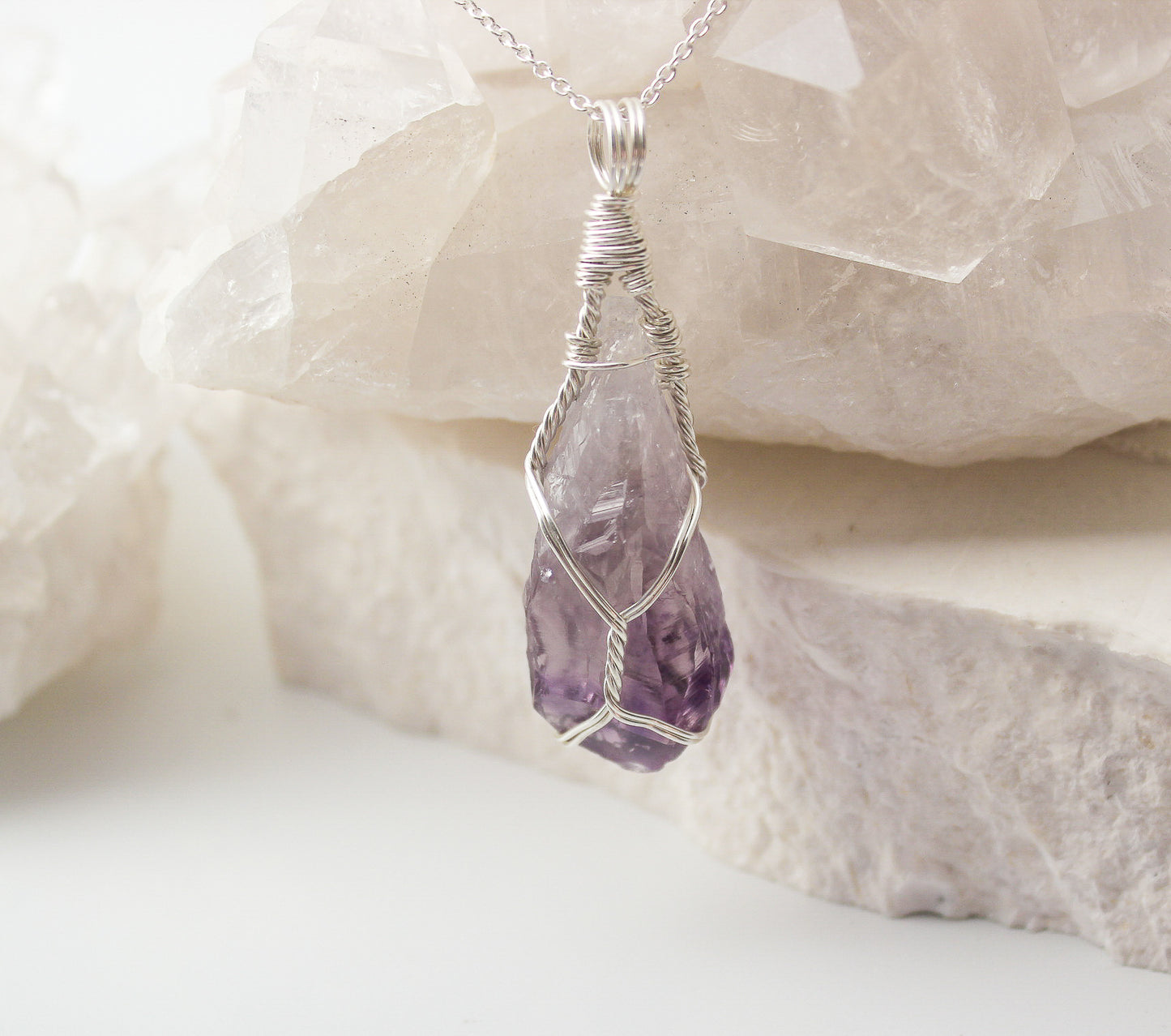Natural Amethyst & Sterling Silver Crystal Necklace - medium pendant