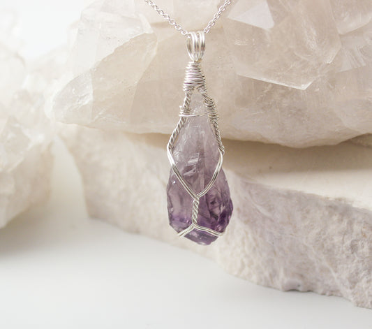 Natural Amethyst & Sterling Silver Crystal Necklace - medium pendant