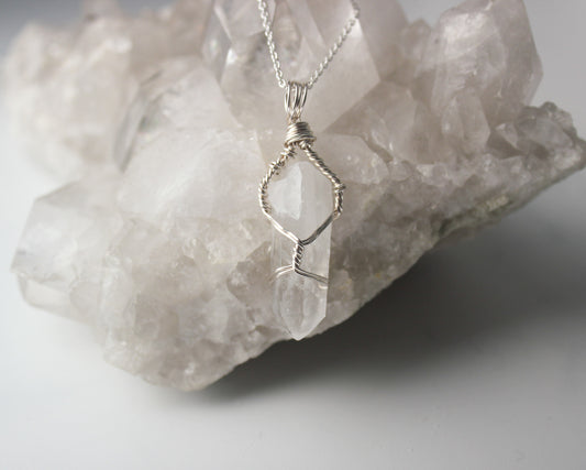 Clear Quartz & Sterling Silver Crystal Necklace - medium pendant