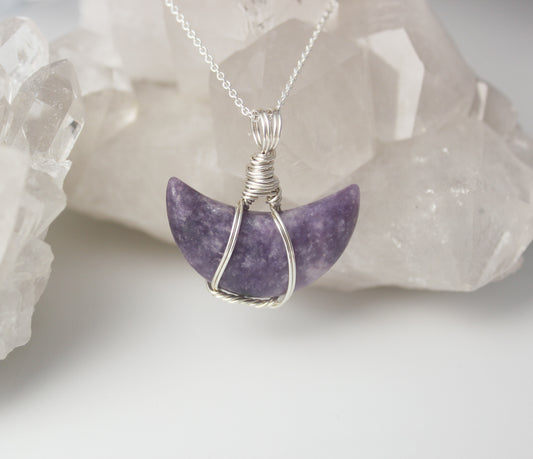 Lepidolite Crescent Moon & Sterling Silver Crystal Necklace