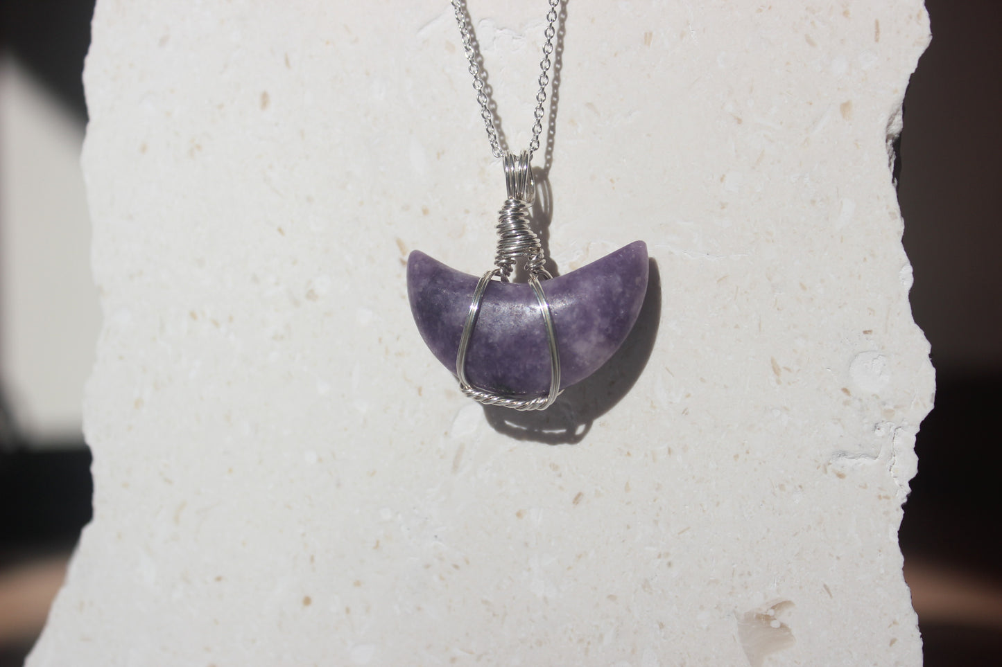 Lepidolite Crescent Moon & Sterling Silver Crystal Necklace