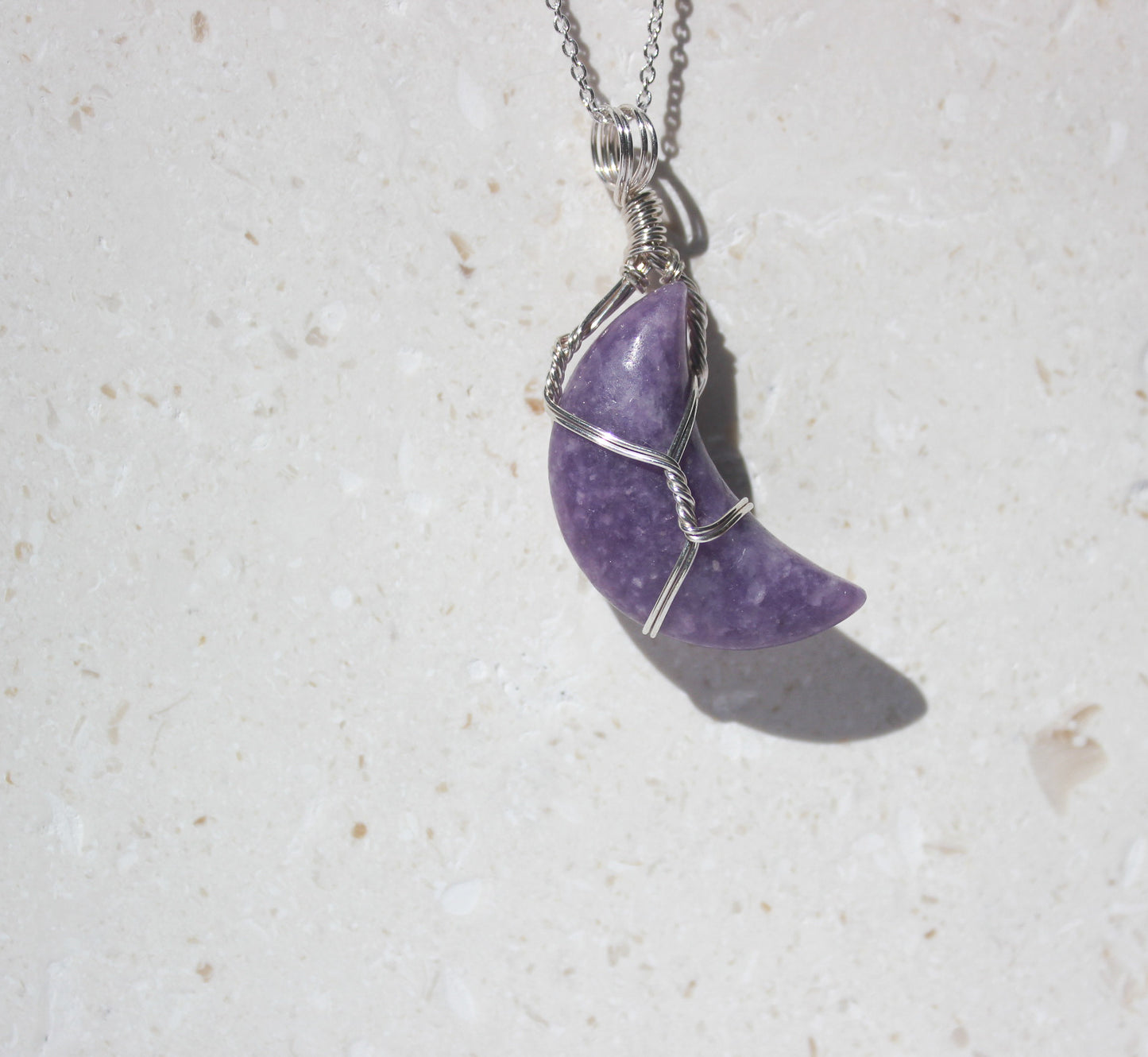 Lepidolite Crescent Moon & Sterling Silver Crystal Necklace