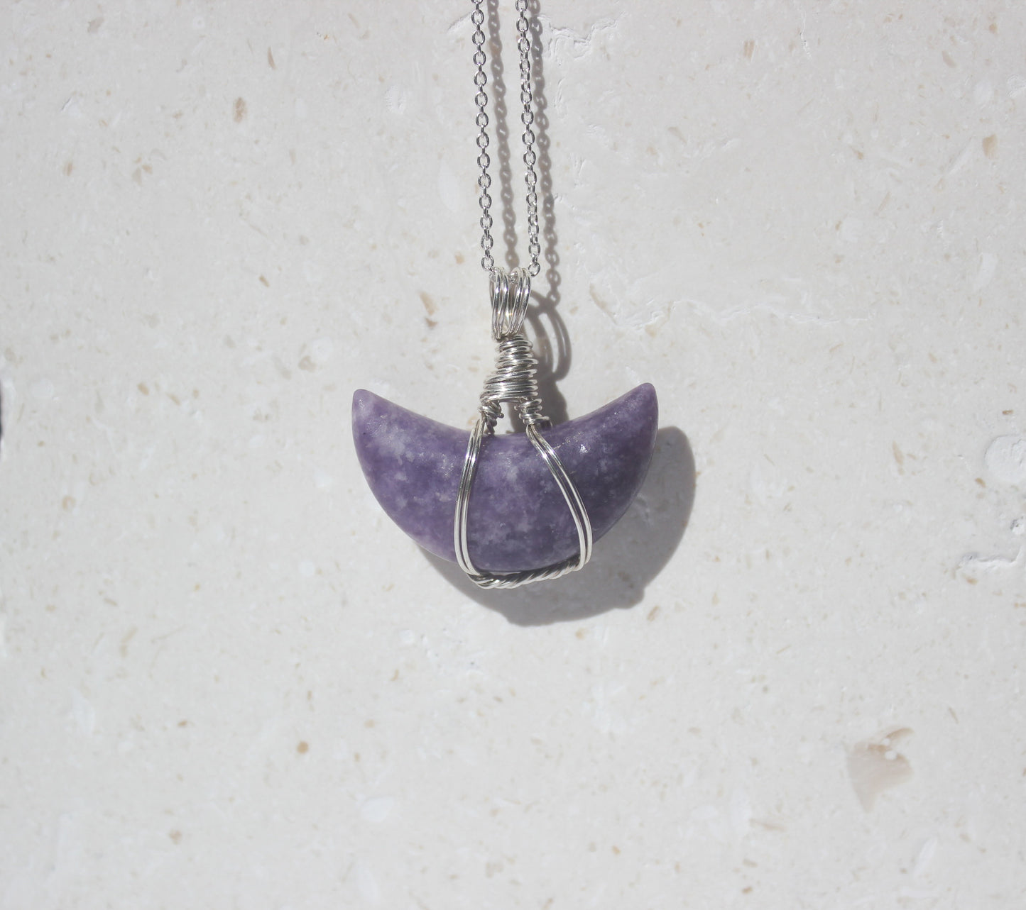 Lepidolite Crescent Moon & Sterling Silver Crystal Necklace
