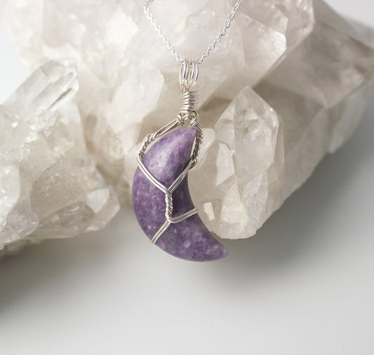 Lepidolite Crescent Moon & Sterling Silver Crystal Necklace